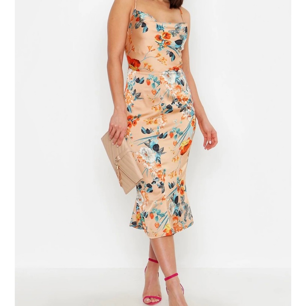 Boohoo Satin Floral Cowl Flute Hem Slip Dress